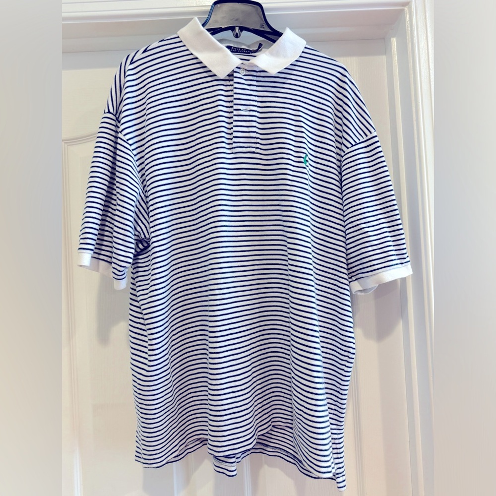 Men’s 2XLT blue and white striped Ralph Lauren polo; good/used condition